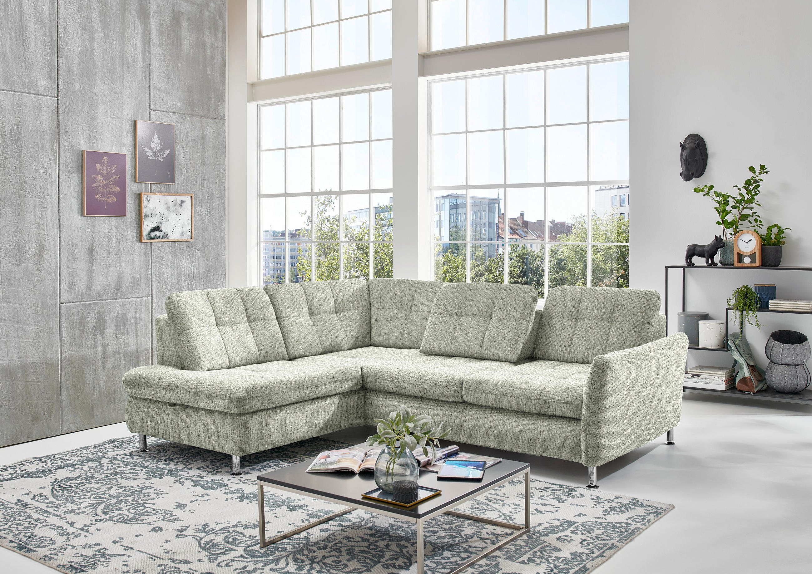 ECKSOFA Grün Webstoff  - Chromfarben/Grün, KONVENTIONELL, Textil/Metall (210/242cm) - Beldomo Style
