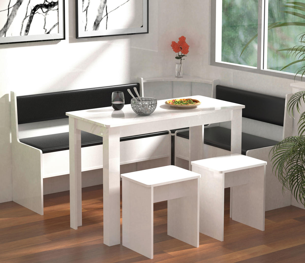 SITTGRUPP MED HÖRNBÄNK i trämaterial vit  - vit, Modern, trämaterial (153/115cm) - MID.YOU