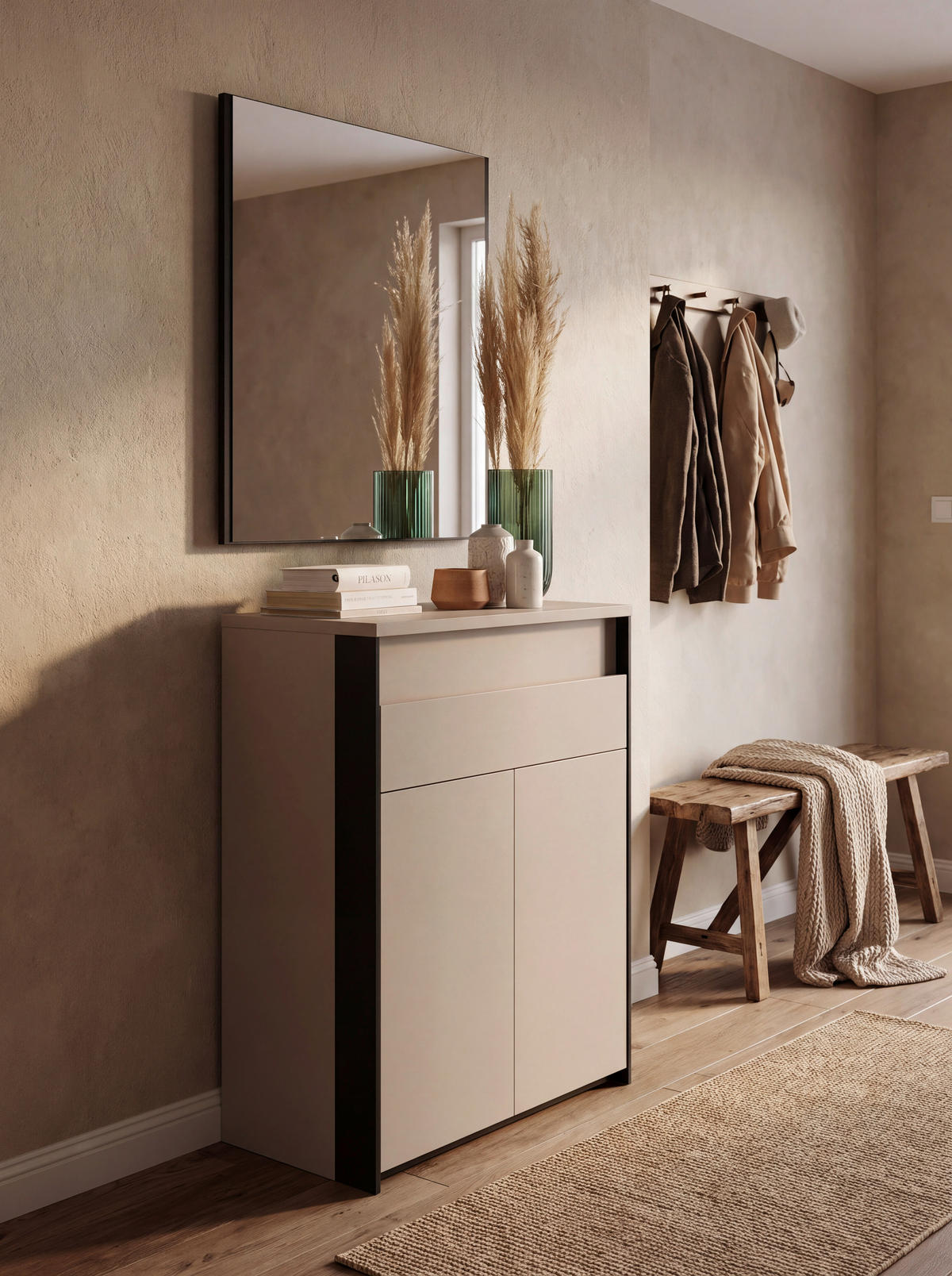 SKOSKÅP  i 87,7/105,6/37,8 cm  - beige/svart, Klassisk, trämaterial (87,7/105,6/37,8cm) - Voleo