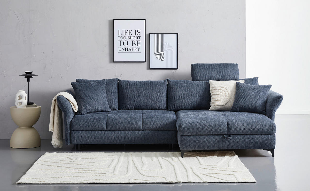 ECKSOFA in Chenille Blau  - Blau/Schwarz, KONVENTIONELL, Textil/Metall (291/153cm) - Hom`in