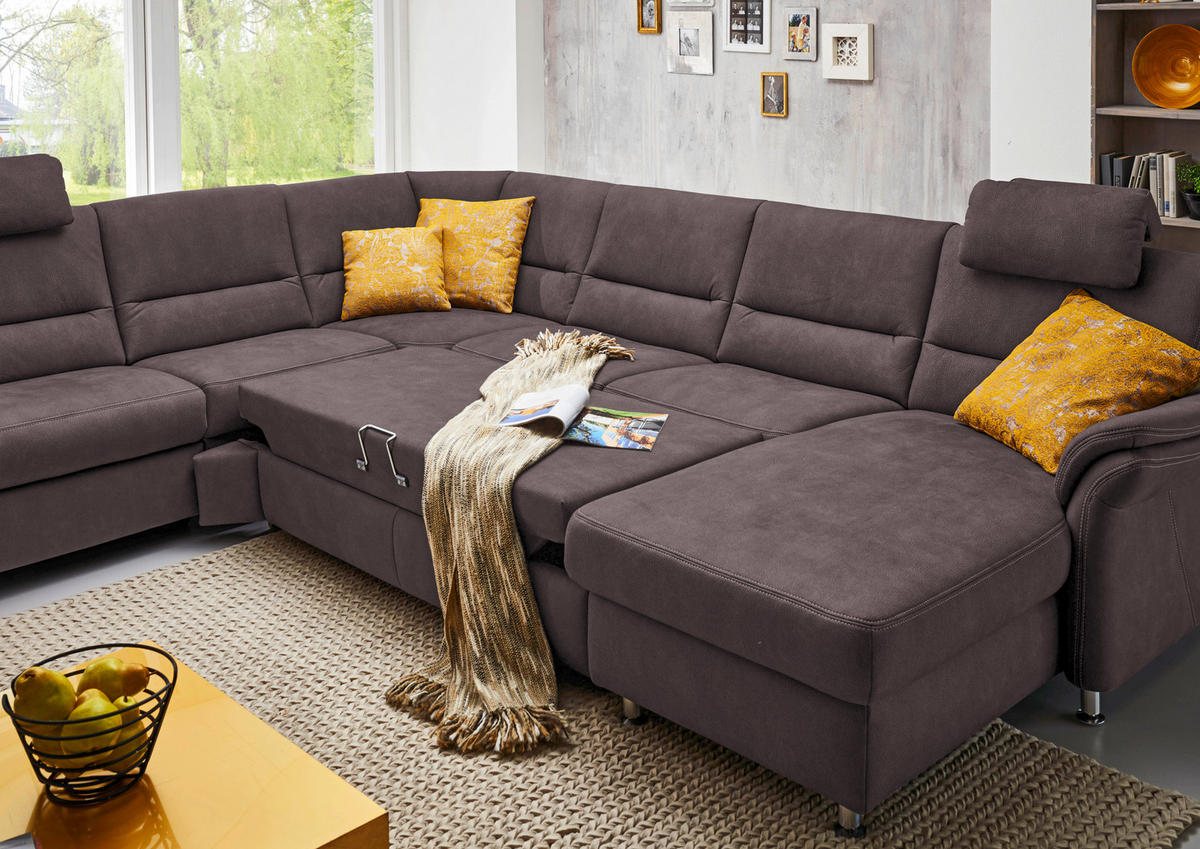 WOHNLANDSCHAFT in Mikrofaser Graubraun  - Graubraun/Alufarben, KONVENTIONELL, Textil/Metall (262/335/173cm) - Beldomo System