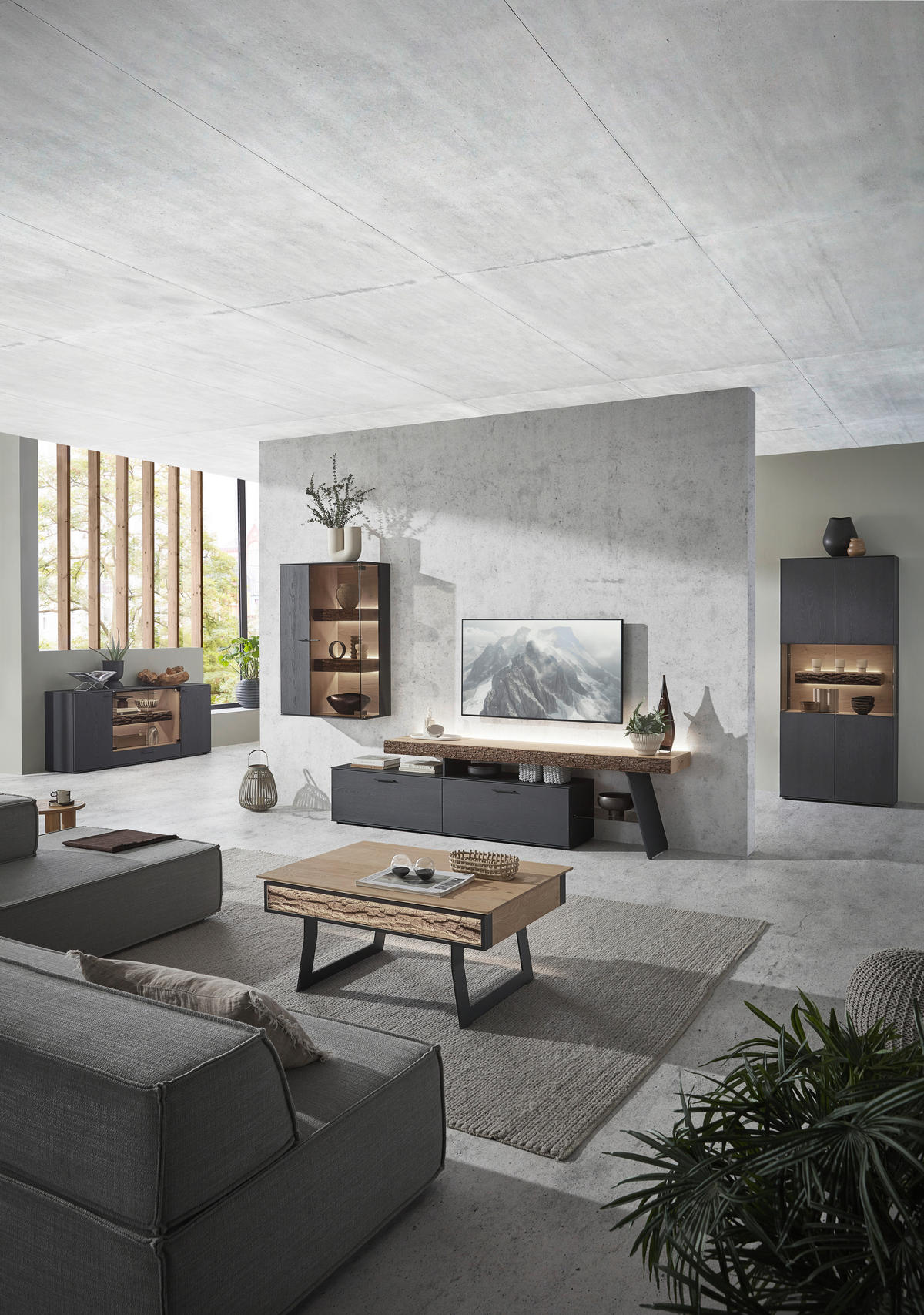 WOHNWAND  Anthrazit, Eichefarben 311/196/44 cm  - Eichefarben/Anthrazit, Design, Glas/Holz (311/196/44cm) - Valnatura