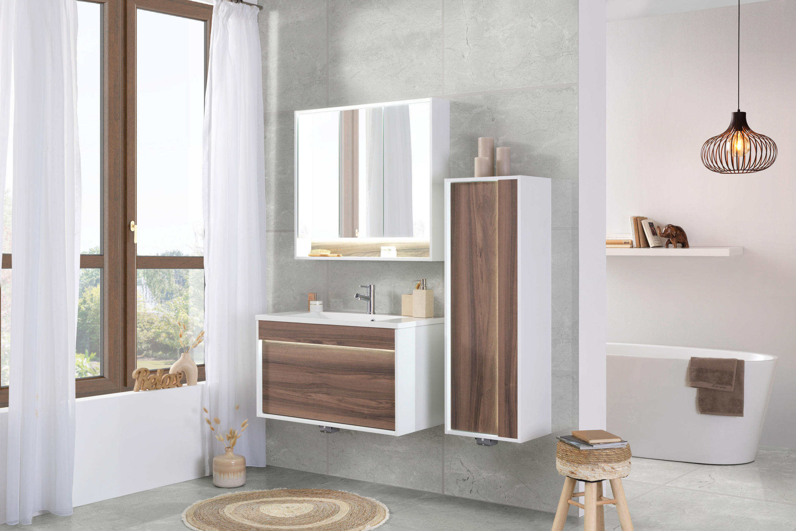 BADEZIMMER  in 90 cm  - Nussbaumfarben/Weiß, KONVENTIONELL, Glas/Holzwerkstoff (90cm) - Voleo