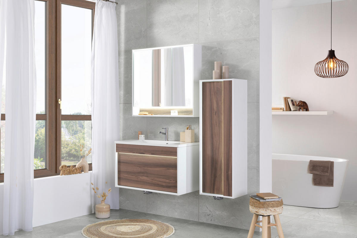 BADEZIMMER  in 90 cm  - Nussbaumfarben/Weiß, KONVENTIONELL, Glas/Holzwerkstoff (90cm) - Voleo