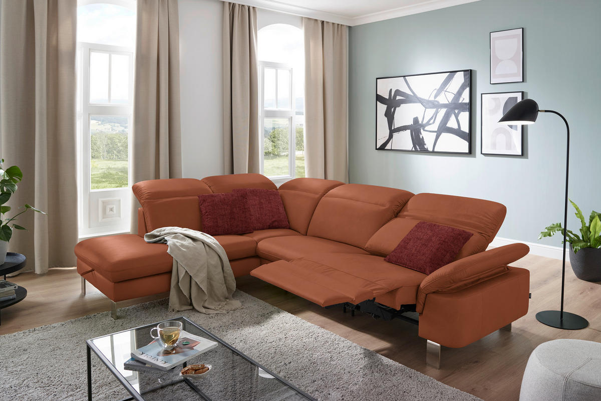 ECKSOFA in Echtleder Cognac  233/309 cm  - Edelstahlfarben/Cognac, Design, Leder/Metall (233/309cm) - Dieter Knoll