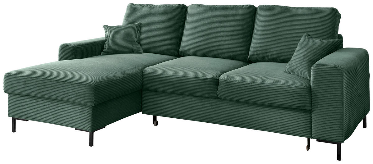 ECKSCHLAFSOFA  mit Rücken echt Cord Dunkelgrün  - Dunkelgrün/Schwarz, KONVENTIONELL, Textil/Metall (143/237cm) - Livetastic