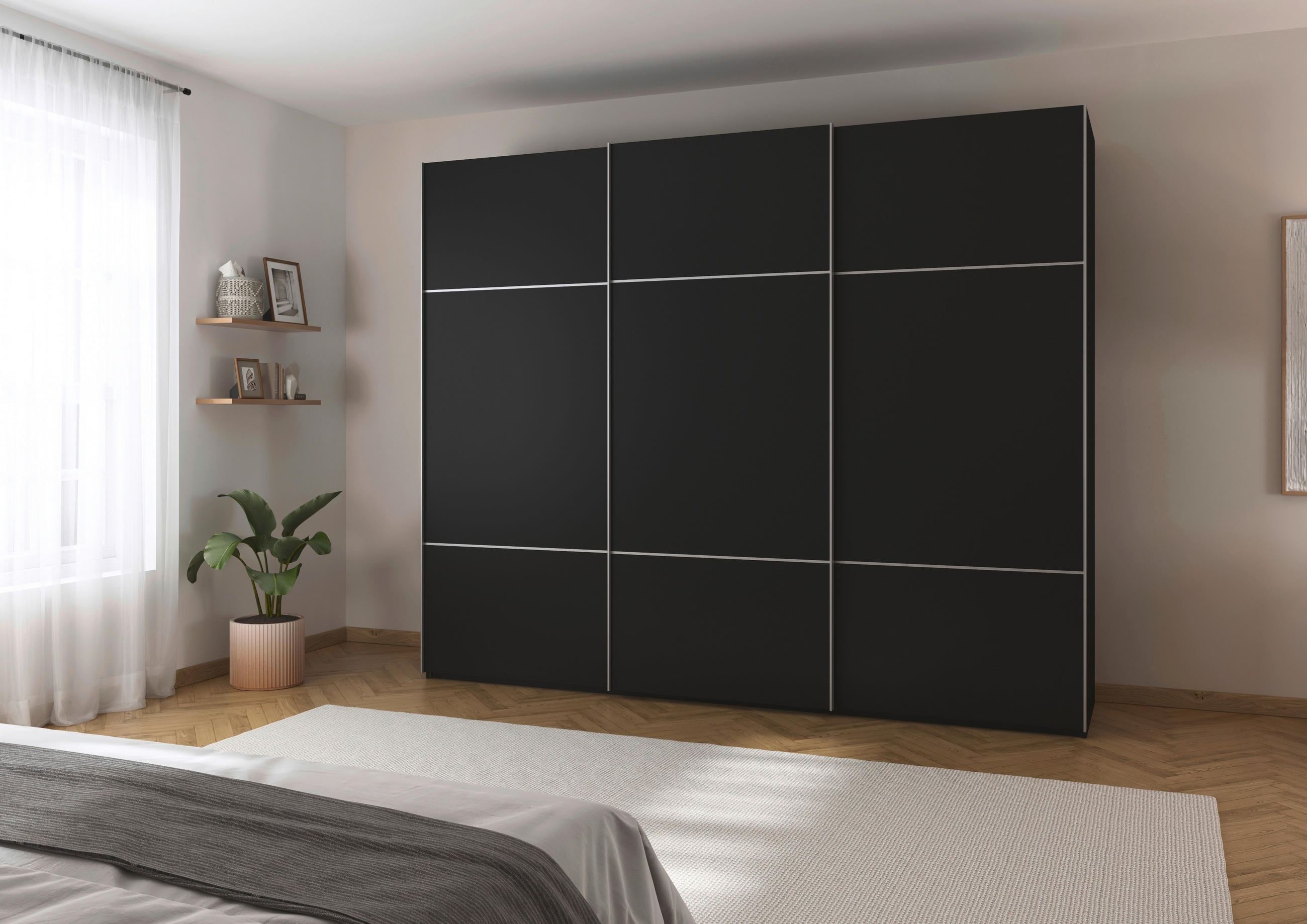 SCHWEBETÜRENSCHRANK 271/223/68 cm 3-türig Schwarz - Alufarben/Schwarz, KONVENTIONELL, Holzwerkstoff/Metall (271/223/68cm) - Novel