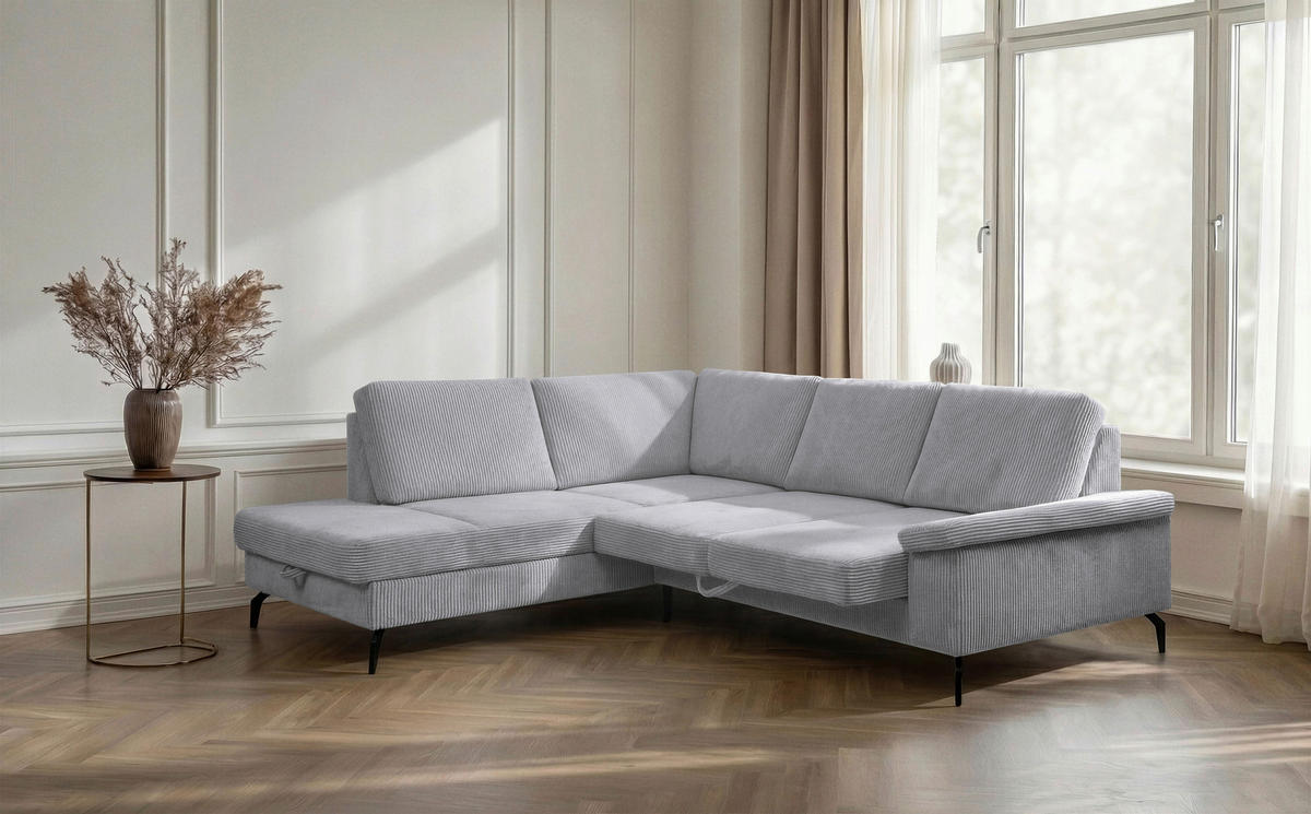 ECKSOFA Hellgrau Velours Bettkasten, Sitzvorzug  - Hellgrau/Schwarz, KONVENTIONELL, Textil/Metall (206/253cm) - Venda
