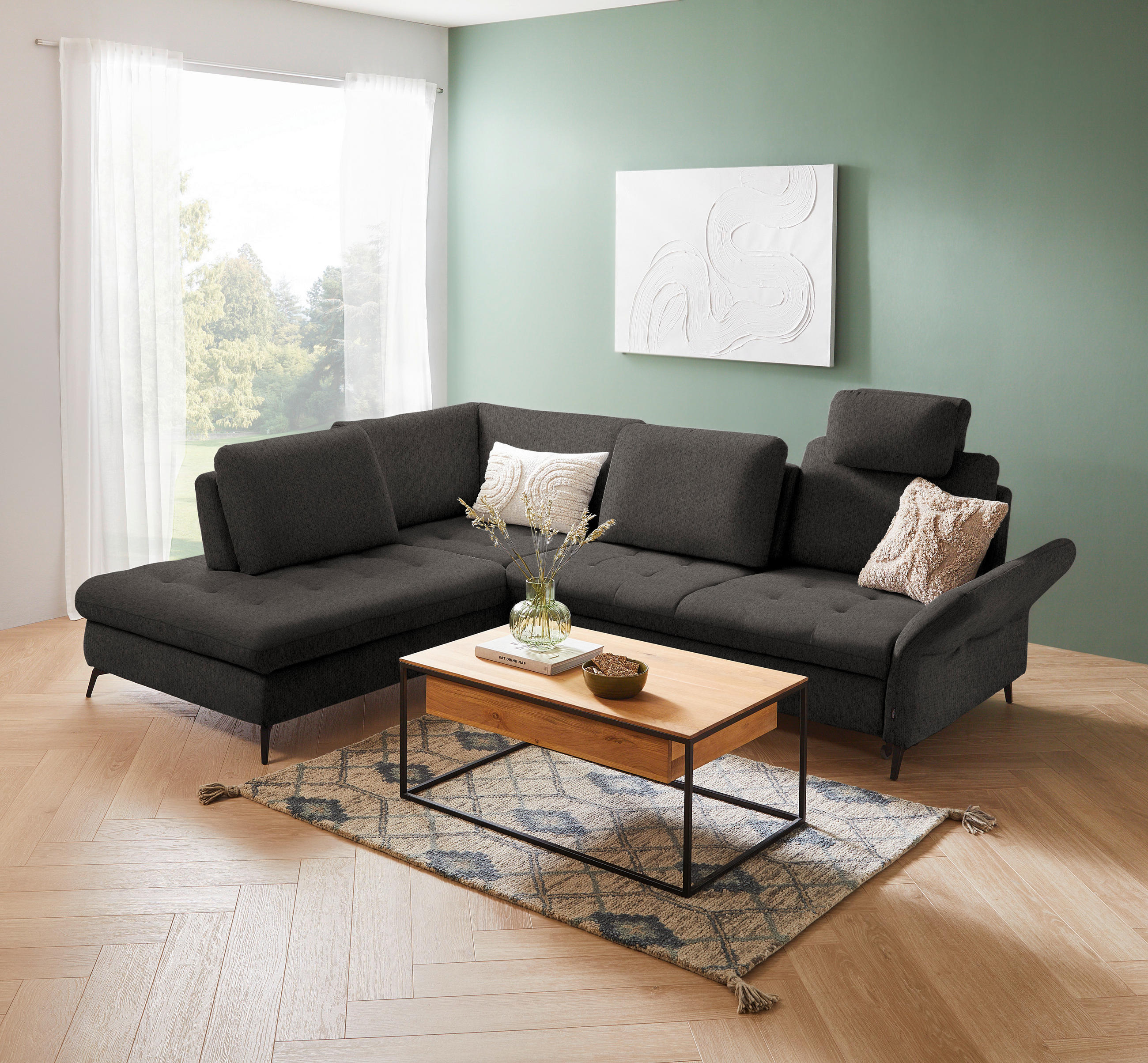 ECKSOFA in Chenille Graubraun  - Graubraun/Schwarz, Natur, Textil/Metall (233/288cm) - Valnatura