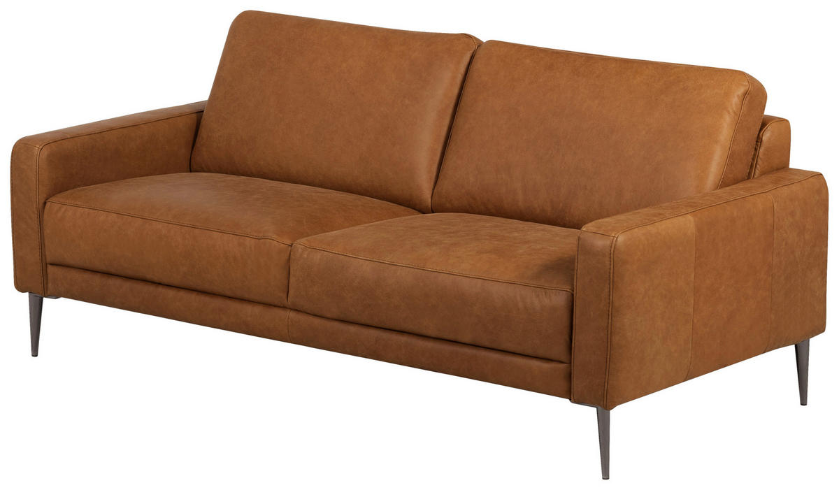 2-SITZER-SOFA SPRING Cognac Echtleder  - Cognac/Schwarzchrom, Design, Leder/Metall (157/85/92cm) - Livetastic