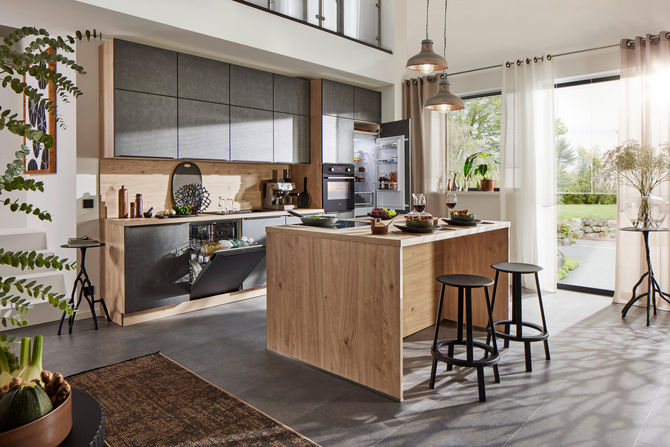 KUHINJSKI BLOK BREZ APARATOV - temno siva/črna, Design, kovina/leseni material (360cm) - Welnova