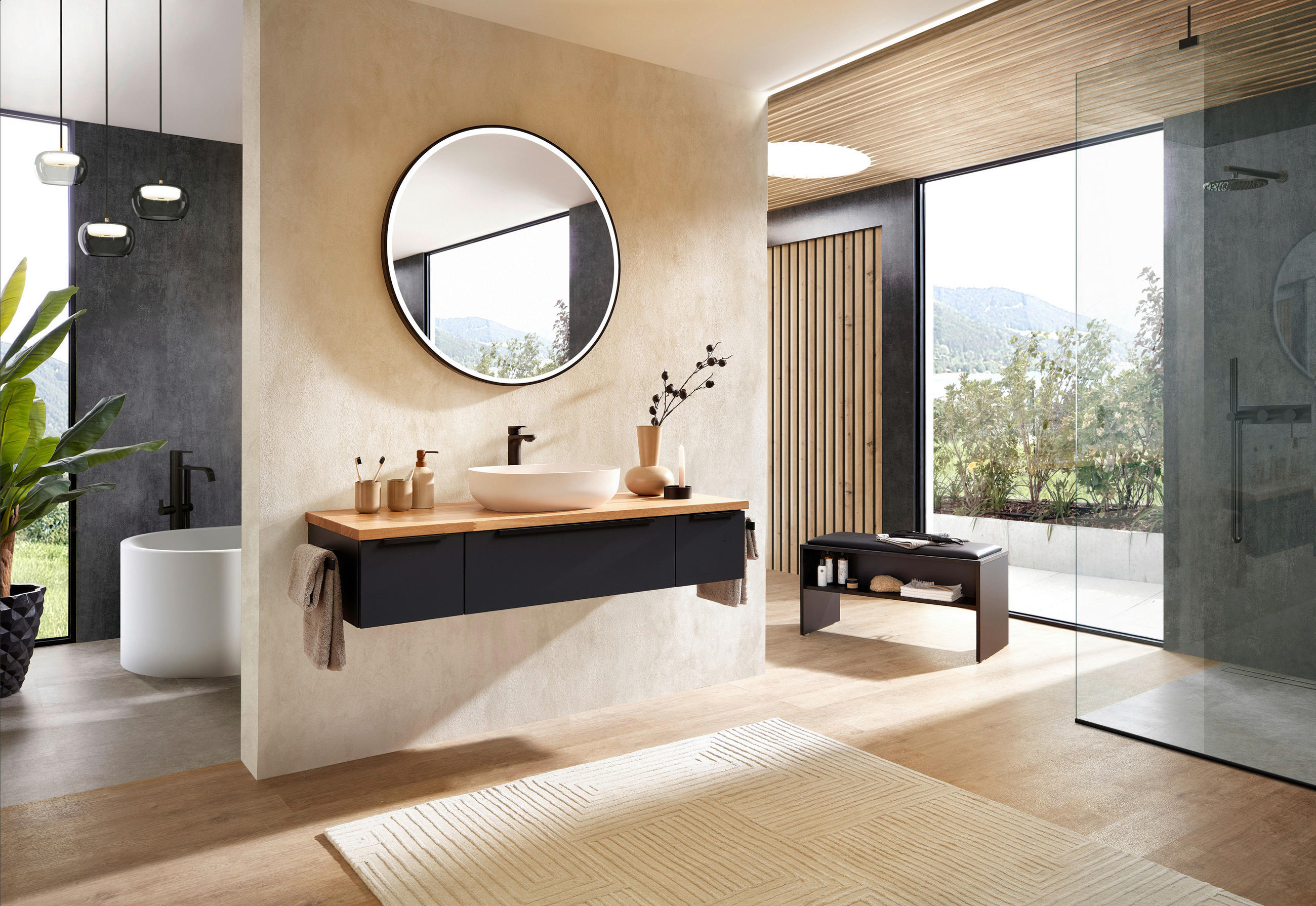 BADEZIMMER 3-teilig  in 137 cm  - Eichefarben/Schwarz, LIFESTYLE, Holzwerkstoff/Stein (137cm) - Sadena