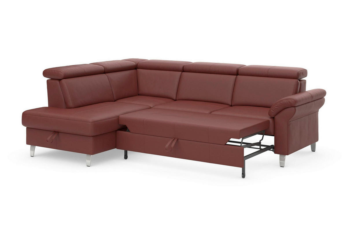 ECKSOFA 194/245 cm ARNGAST E in Echtleder Rotbraun Bettkasten, Kopfteilverstellung, Liegefläche im Originalstoff  194/245 cm  - Chromfarben/Rotbraun, Basics, Leder/Metall (194/245cm) - Sit & More