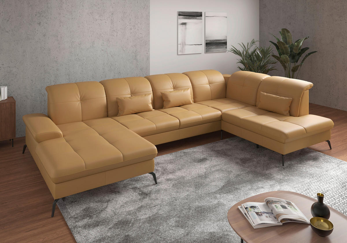 WOHNLANDSCHAFT in Echtleder Currygelb  - Currygelb/Schwarz, KONVENTIONELL, Leder/Metall (185/357/231cm) - Sit & More