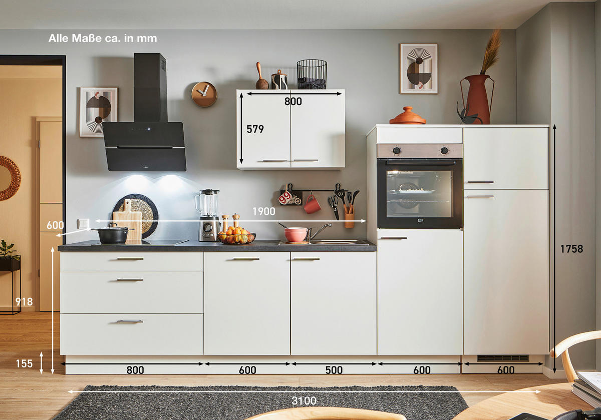 KÜCHENBLOCK PN 80 310 cm  in Graphitfarben, Weiß  - Edelstahlfarben/Eichefarben, Design, Holzwerkstoff/Metall (310cm) - Pino