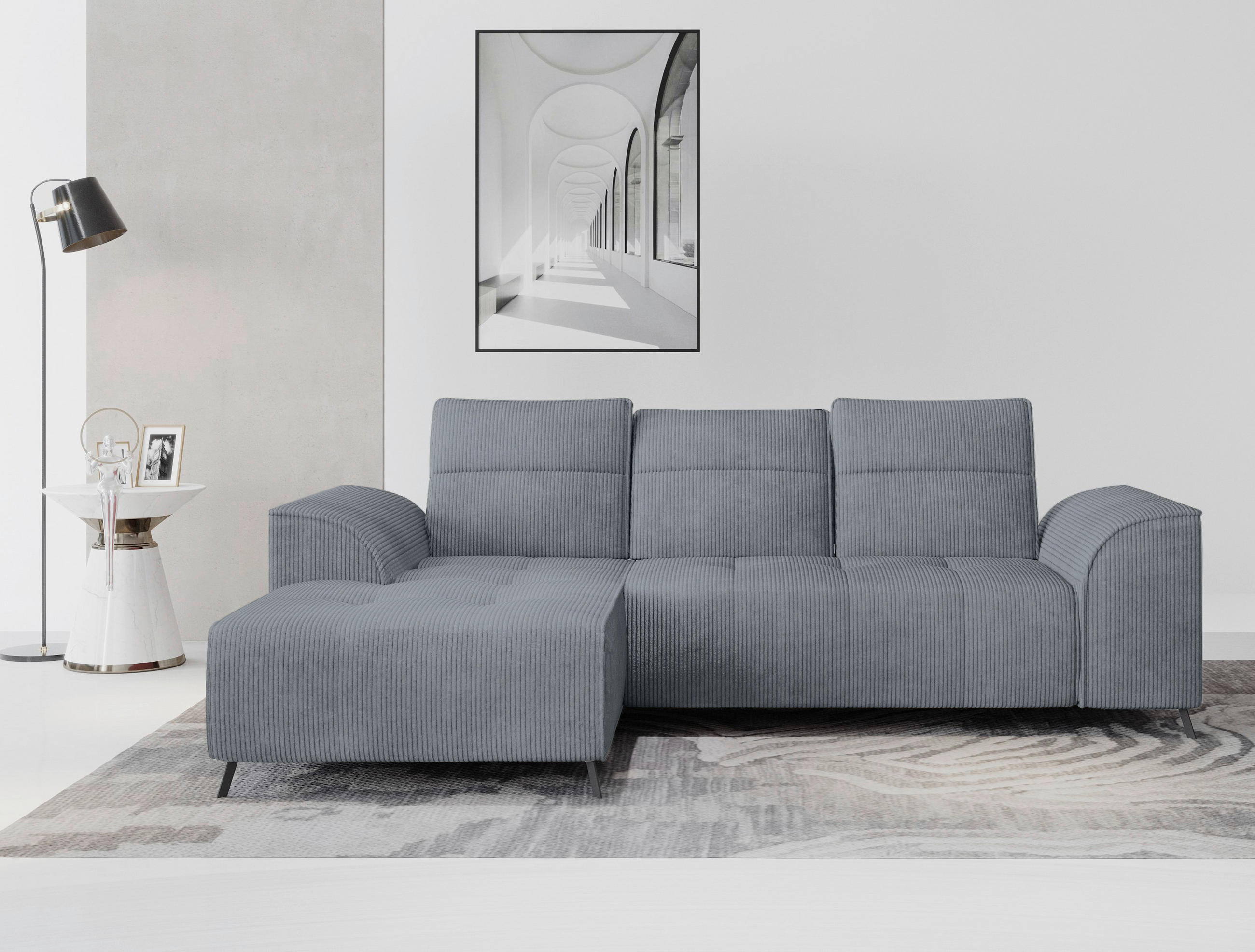 ECKSOFA Dunkelgrau Cord  - Dunkelgrau/Schwarz, KONVENTIONELL, Textil/Metall (196/290cm) - Carryhome