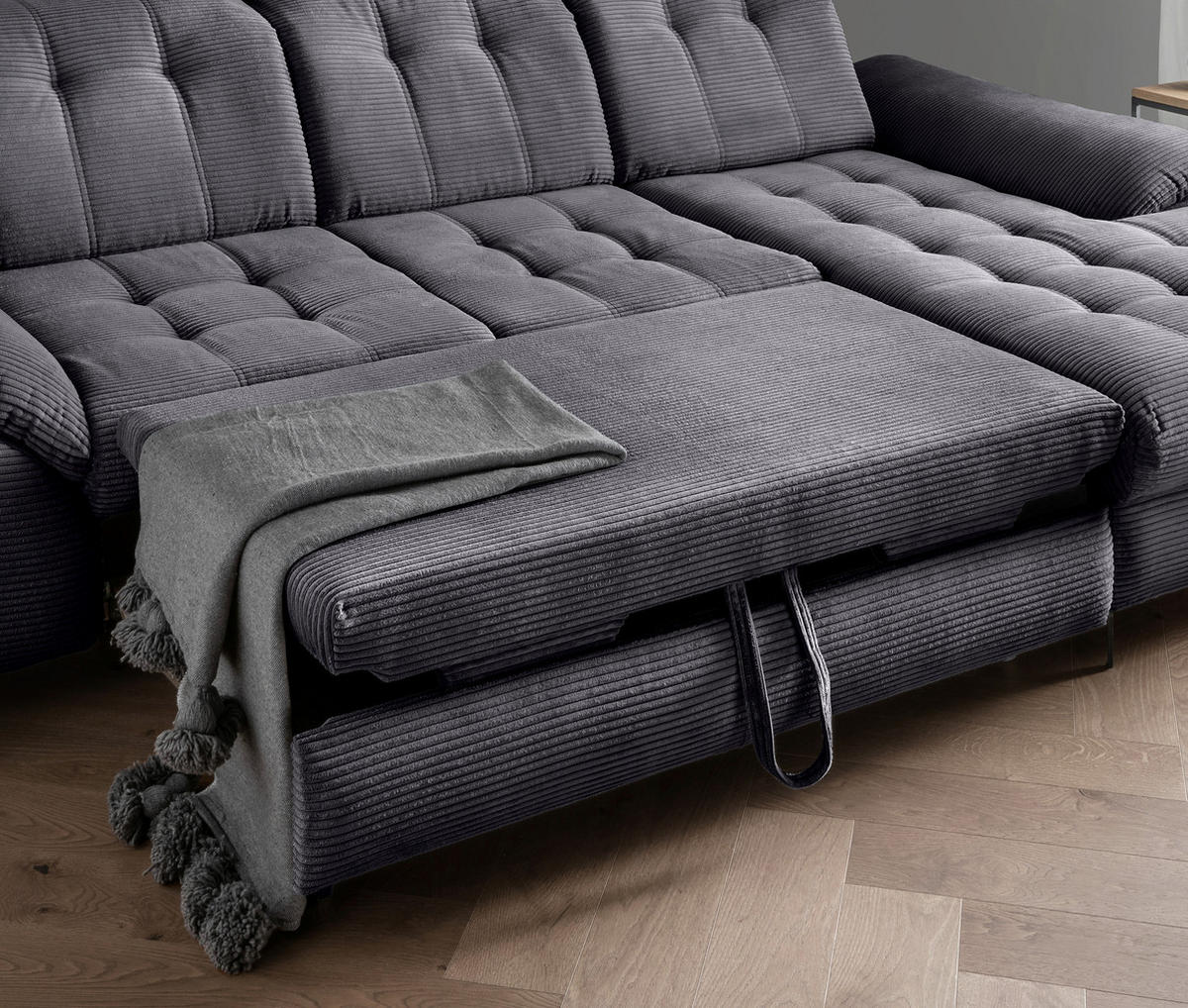 ECKSCHLAFSOFA in Cord Grau  - Schwarz/Grau, Modern, Textil/Metall (273/189cm) - Livetastic