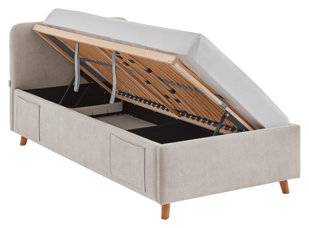 POLSTERBETT 90/200 cm,  in Eichefarben, Beige, Lattenrost, Bettkasten, Betttasche,  - Eichefarben/Birkefarben, KONVENTIONELL, Holz/Textil (90/200cm) - Boxxx