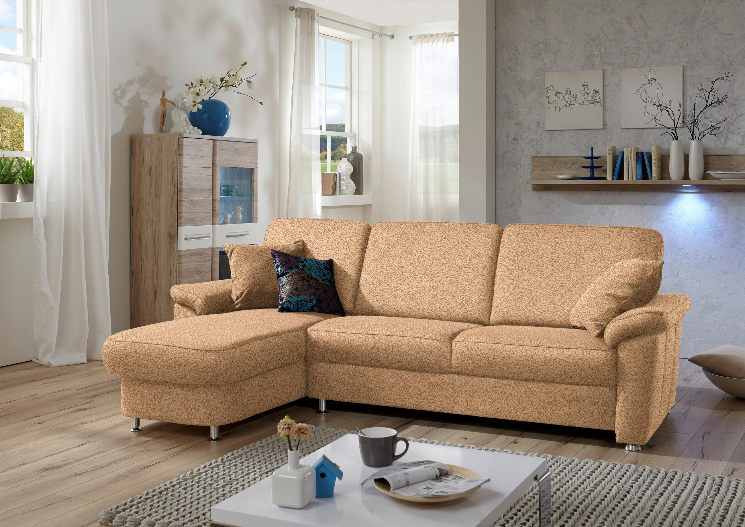 ECKSOFA in Flachgewebe Hellbraun  - Chromfarben/Hellbraun, Konventionell, Textil/Metall (163/250cm) - Beldomo System