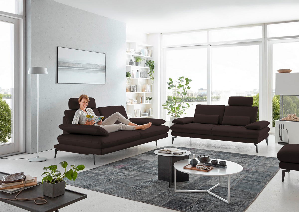 3-SITZER-SOFA in Leder Braun  - Schwarz/Braun, Design, Leder/Metall (222/86/104cm) - Dieter Knoll