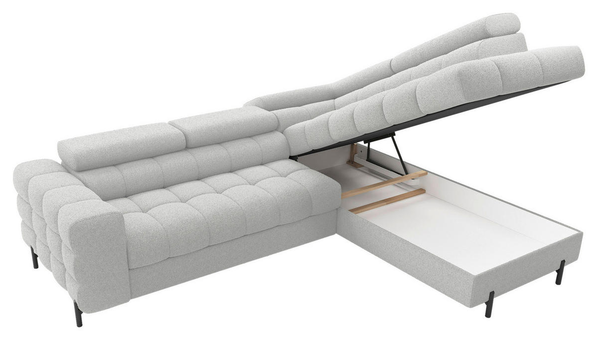 ECKSOFA FERUCCE Grau Teddystoff Bettkasten, Kopfteilverstellung  - Schwarz/Grau, Design, Textil/Metall (276/200cm) - MID.YOU