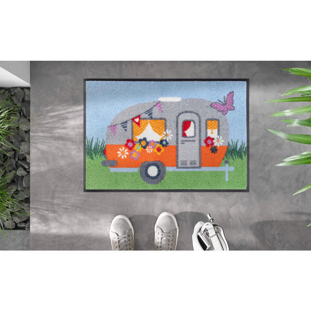 Thumbnail - wash+dry FUßMATTE Happy camping, Mehrfarbig, Textil, Fahrzeuge, rechteckig, 40x60 cm, Oeko-Tex® Standard 100, rutschfest...