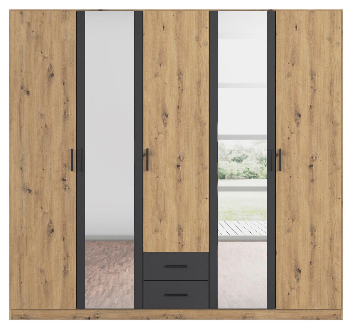 KLEIDERSCHRANK 5-türig Grau, Eichefarben, Eiche Artisan  - Eichefarben/Eiche Artisan, KONVENTIONELL, Holzwerkstoff/Kunststoff (226/210/54cm) - Rauch Möbel
