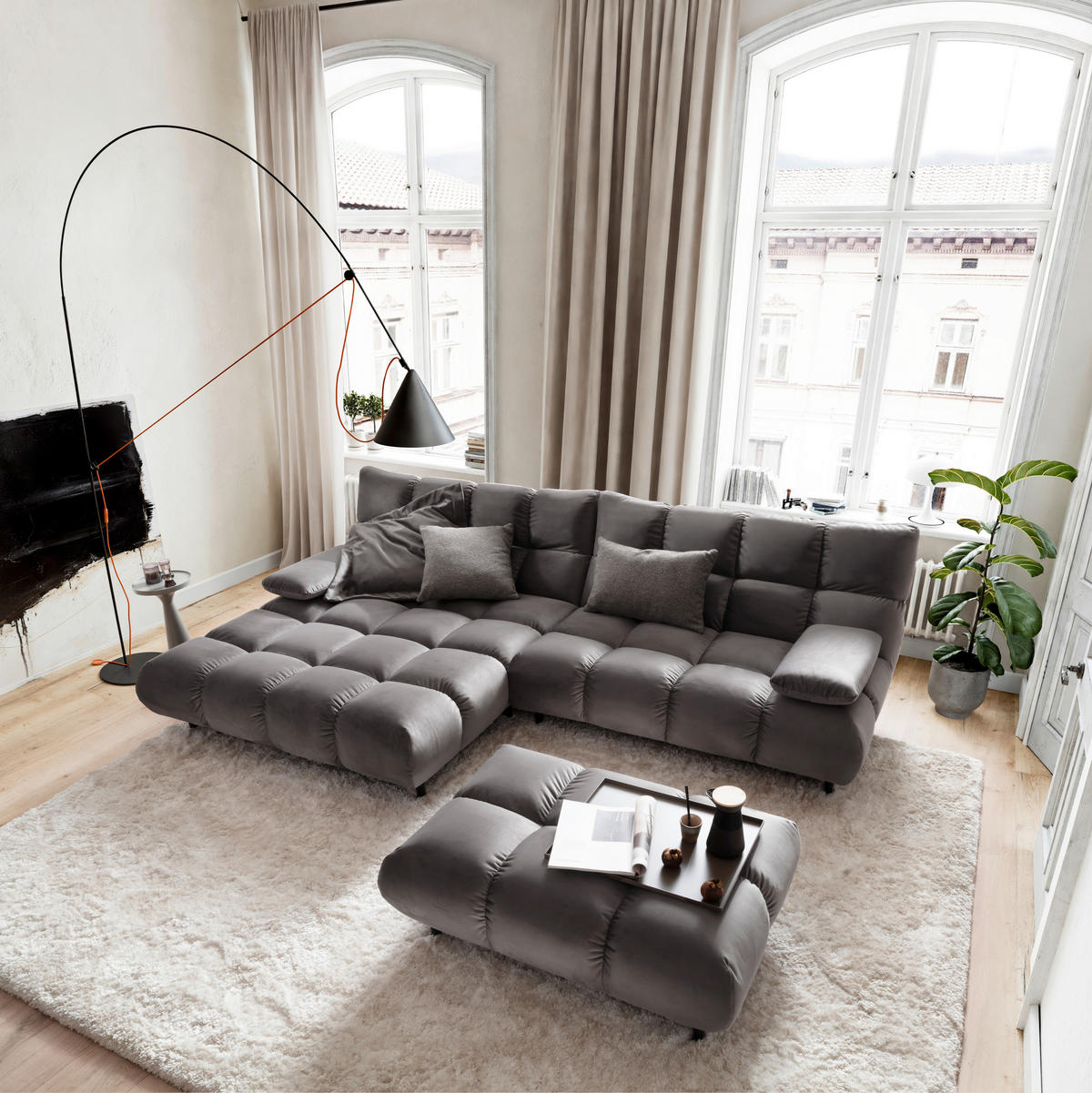 ECKSOFA Grau Velours  - Schwarz/Grau, Design, Holz/Textil (178/293cm) - Pure Home Lifestyle