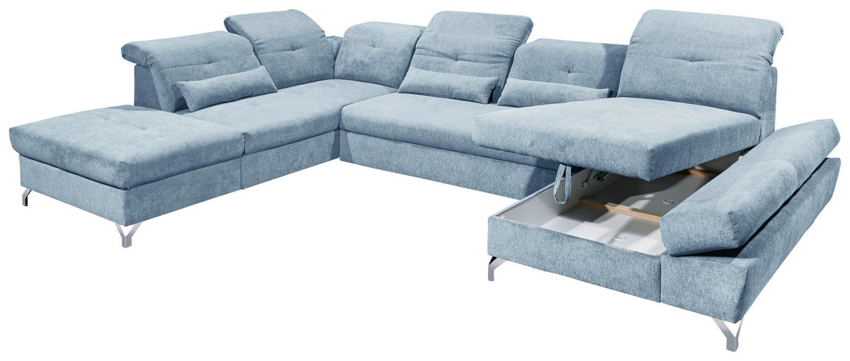 WOHNLANDSCHAFT in Mikrovelours Blau  - Blau/Silberfarben, Modern, Textil/Metall (245/350/168cm) - MID.YOU