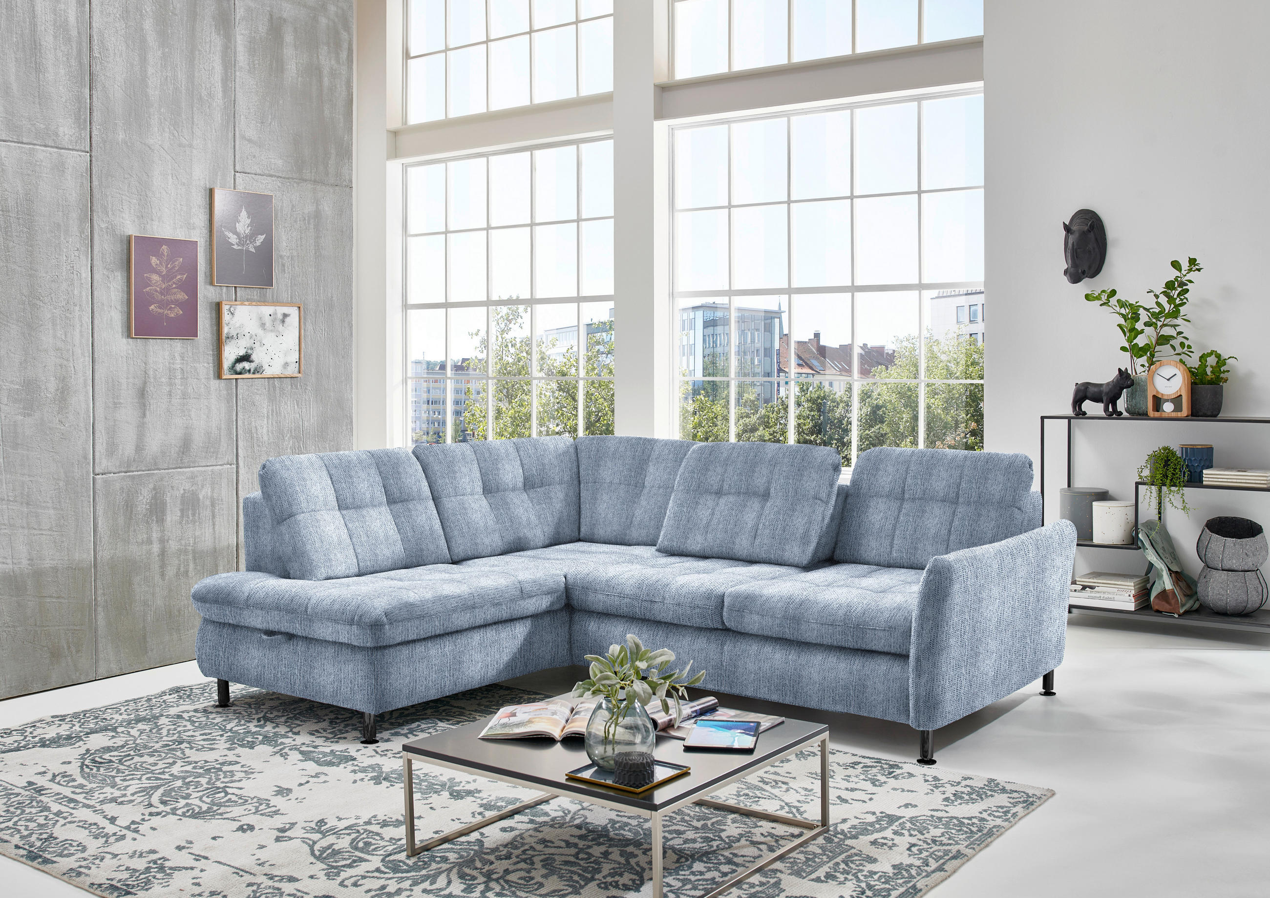 ECKSOFA in Webstoff Hellblau  - Schwarz/Hellblau, Konventionell, Textil/Metall (210/242cm) - Beldomo Style