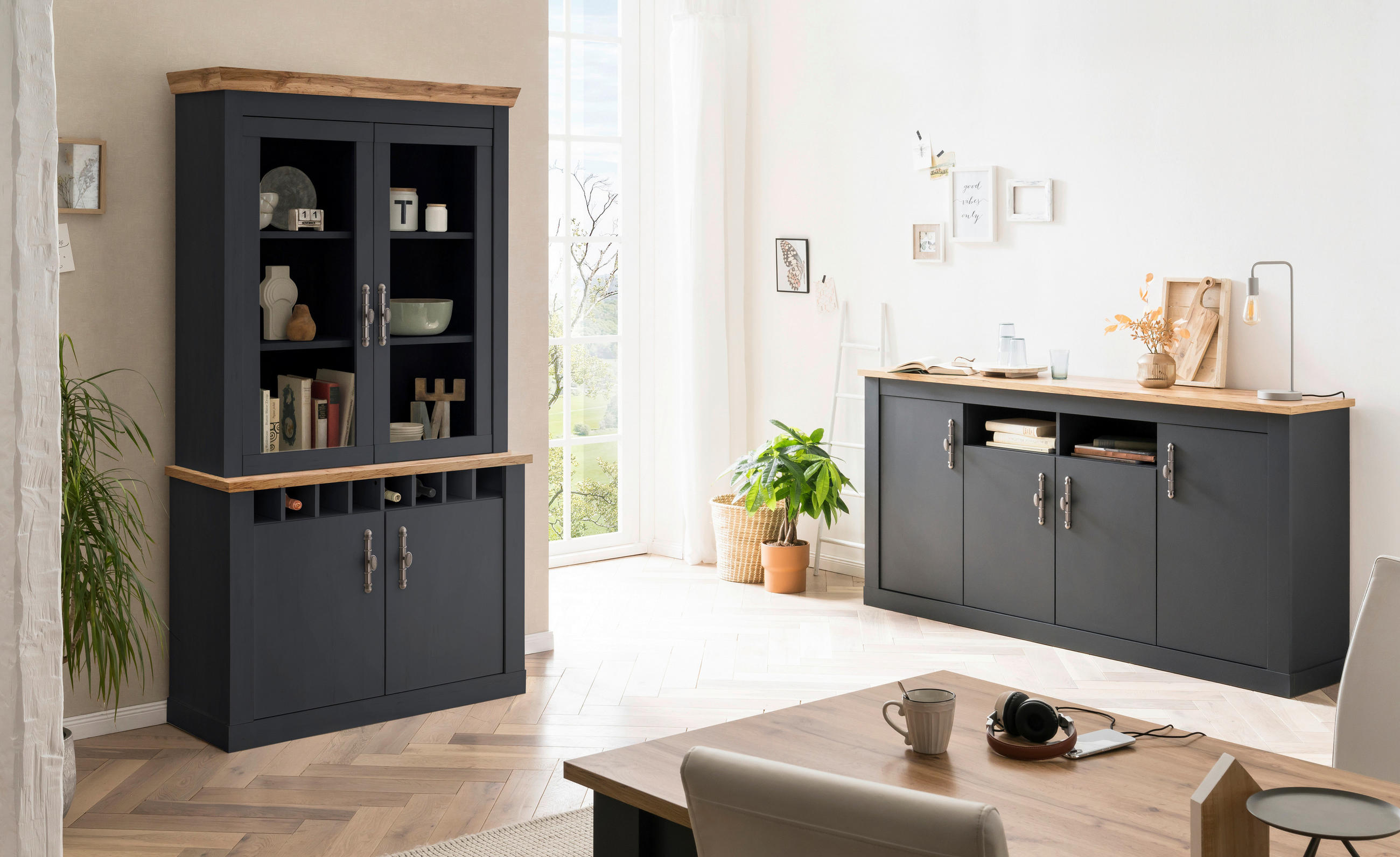 WOHNWAND 2-teilig  in Anthrazit, Eiche Wotan   - Anthrazit/Silberfarben, Design, Holzwerkstoff/Metall - MID.YOU