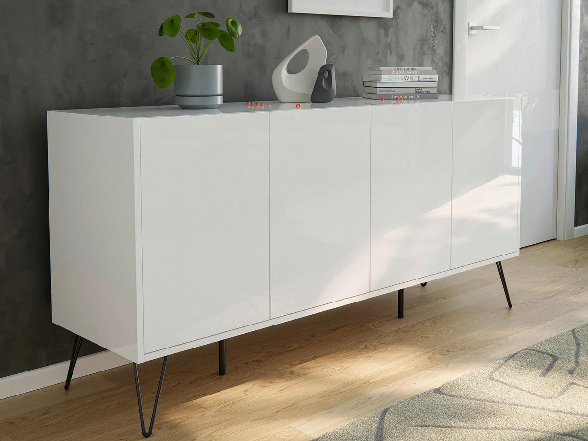 SIDEBOARD Posseik Industrial 155/75,8/42 cm  - Weiß Hochglanz/Schwarz, Design, Holzwerkstoff/Metall (155/75,8/42cm) - MID.YOU