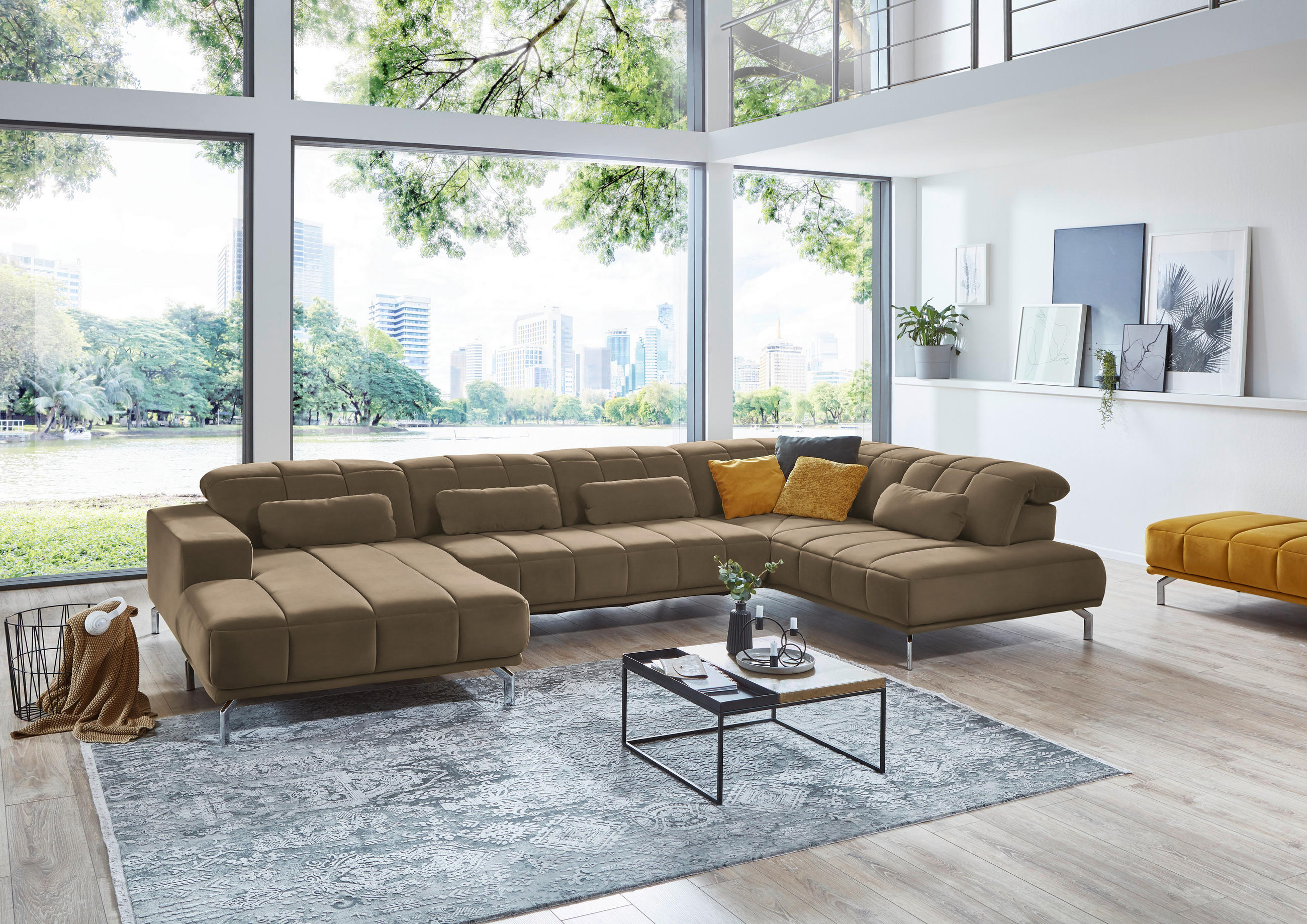 WOHNLANDSCHAFT Sandfarben, Hellbraun Velours  - Sandfarben/Hellbraun, Design, Textil/Metall (195/383/219cm) - Beldomo Style