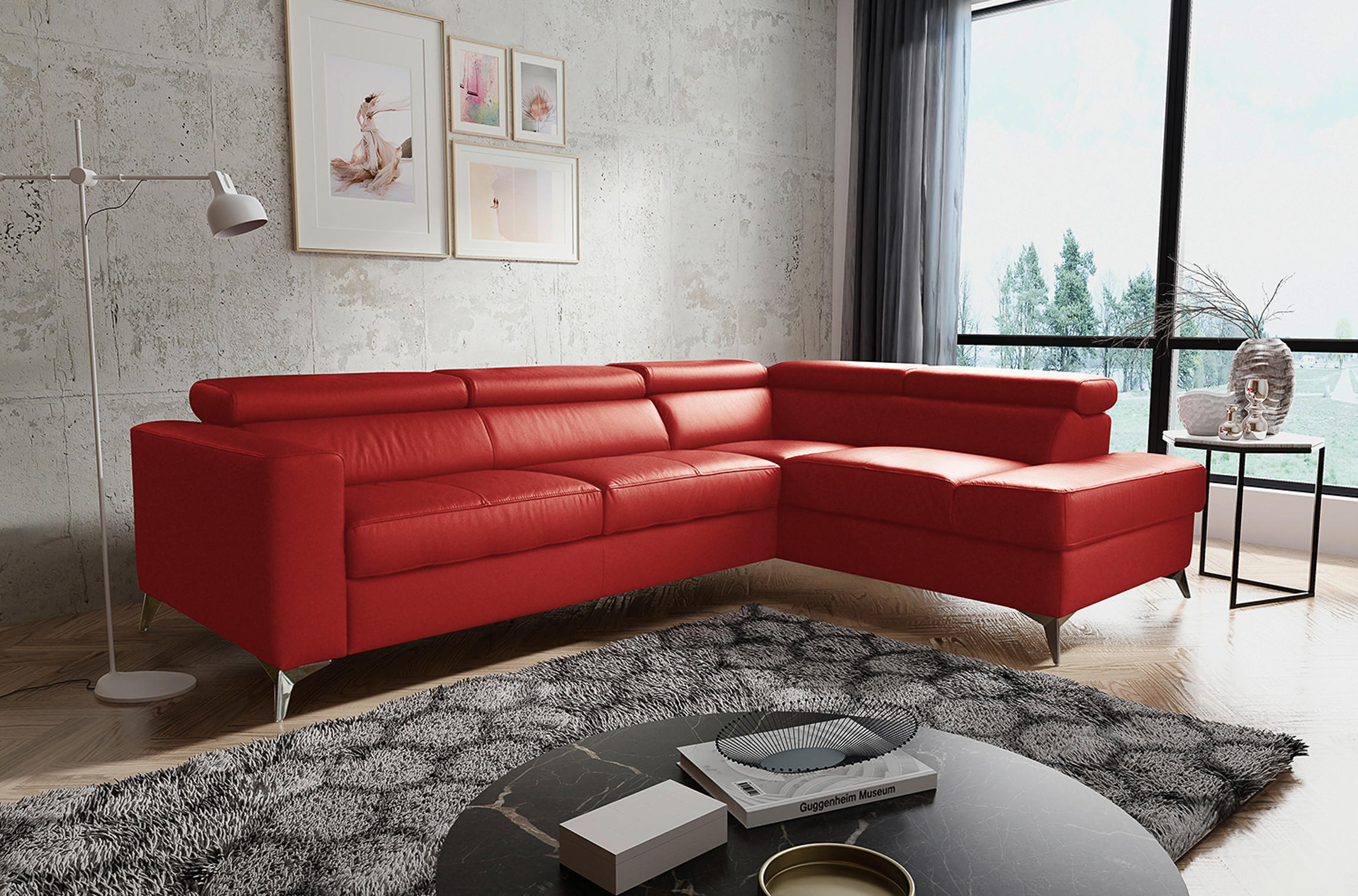 ECKSOFA MONDO Rot Echtleder Lederlook  - Chromfarben/Rot, Design, Leder/Textil (286/208cm) - Livetastic