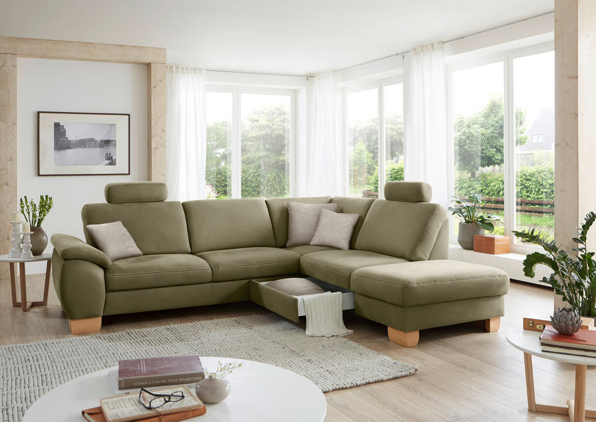 ECKSOFA in Mikrofaser Hellgrün  - Wildeiche/Beige, Natur, Holz/Textil (286/236cm) - Voleo