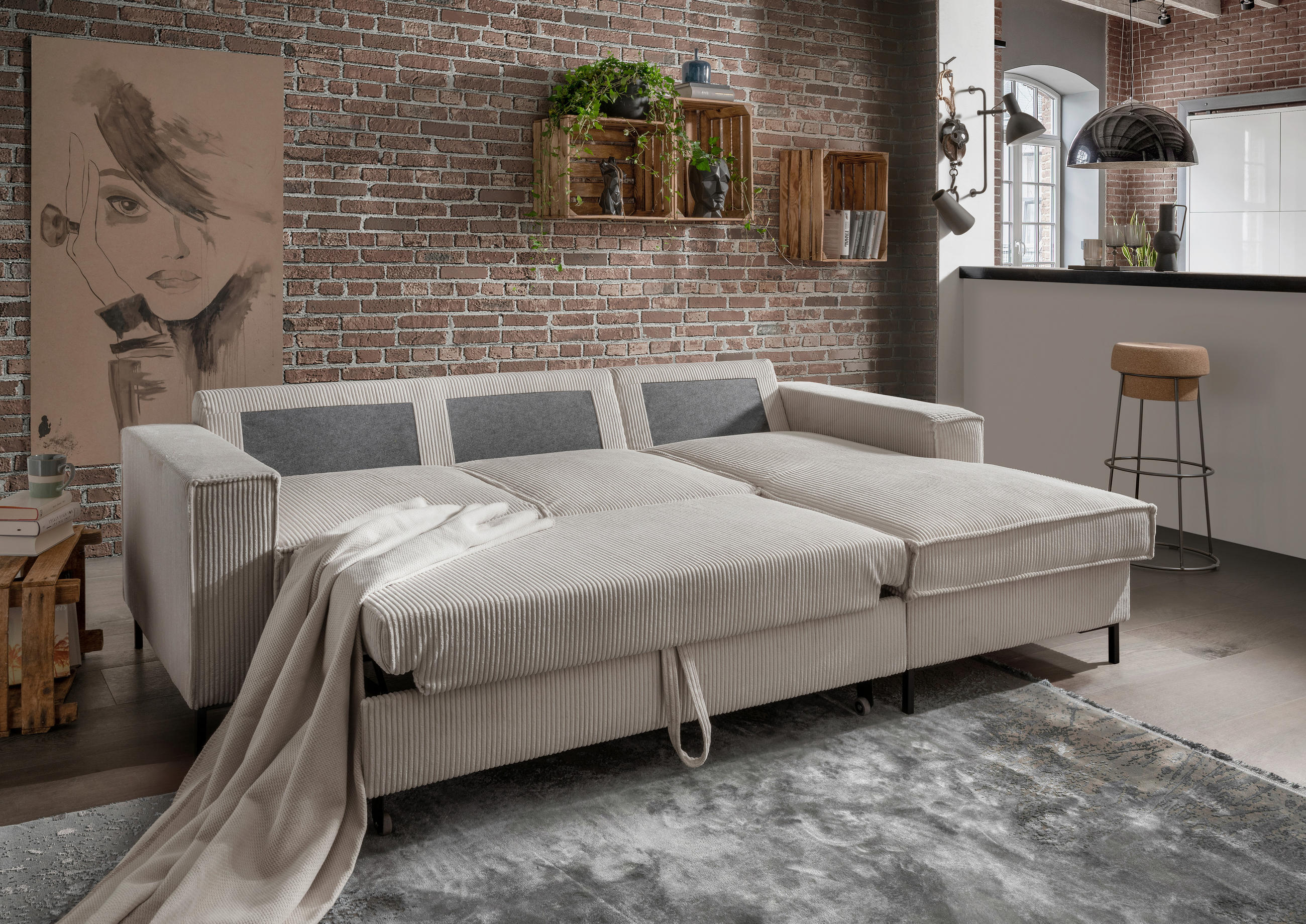 ECKSOFA Beige Cord  - Beige/Schwarz, MODERN, Textil/Metall (240/150cm) - Livetastic