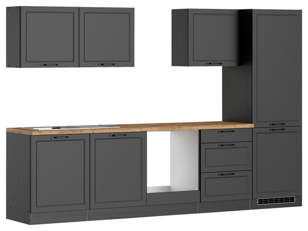 KÜCHENLEERBLOCK 300 cm   in Grau, Eiche Wotan  - Eiche Wotan/Schwarz, LIFESTYLE, Holzwerkstoff/Metall (300cm) - Held