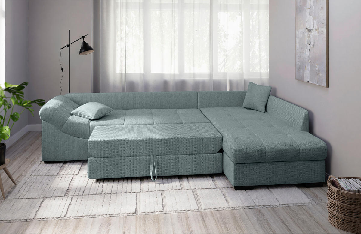 ECKSCHLAFSOFA in Chenille Mintgrün  - Schwarz/Mintgrün, MODERN, Holz/Textil (298/202cm) - MID.YOU