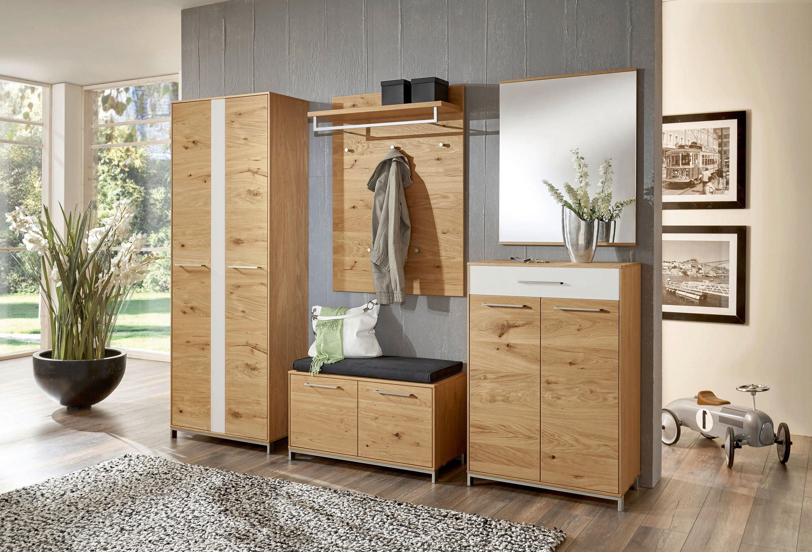GARDEROBE Weiß, Eichefarben - Eichefarben/Weiß, Design, Glas/Holz (250/195/40cm)