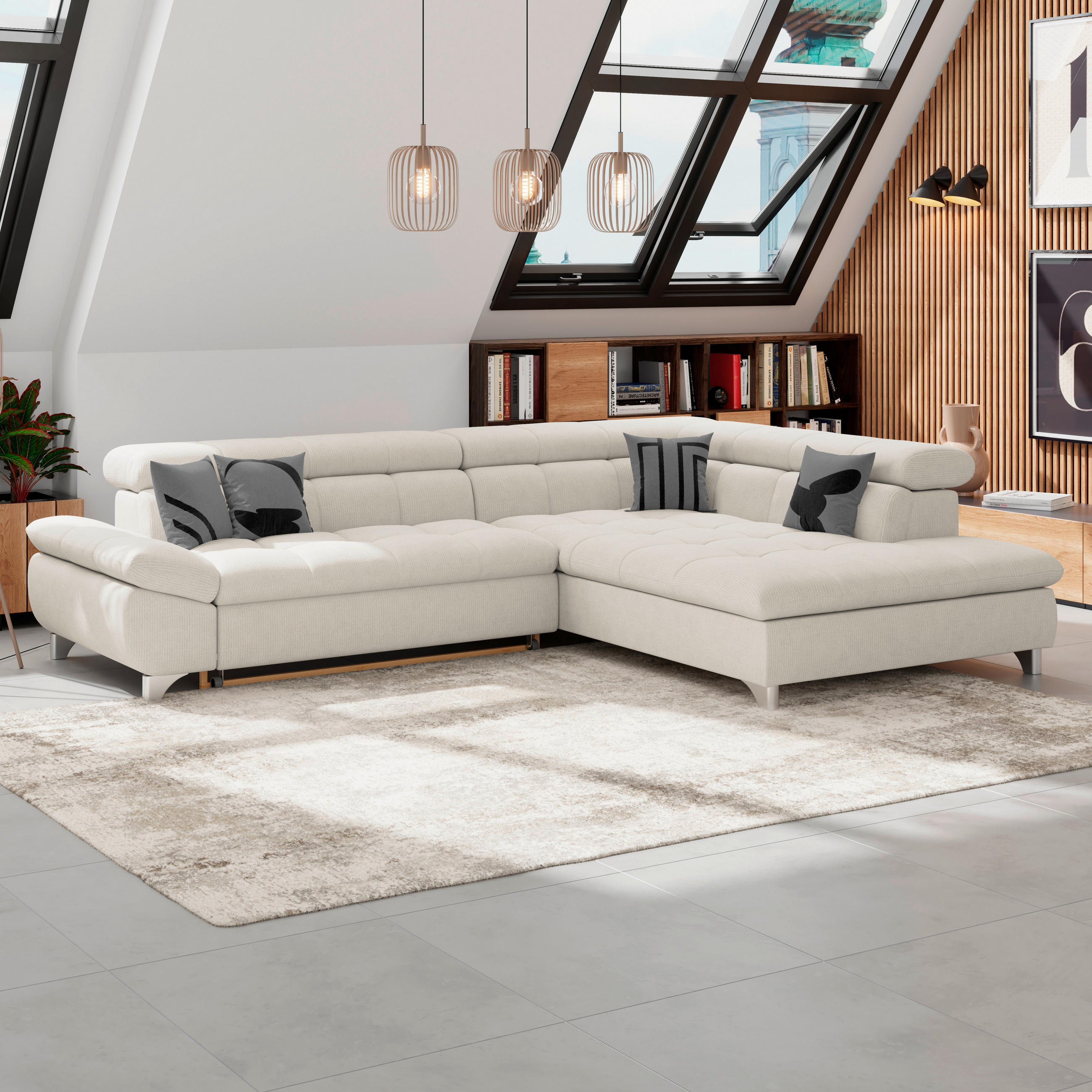 ECKSOFA Beige Chenille  - Chromfarben/Beige, KONVENTIONELL, Textil/Metall (312/234cm) - Livetastic