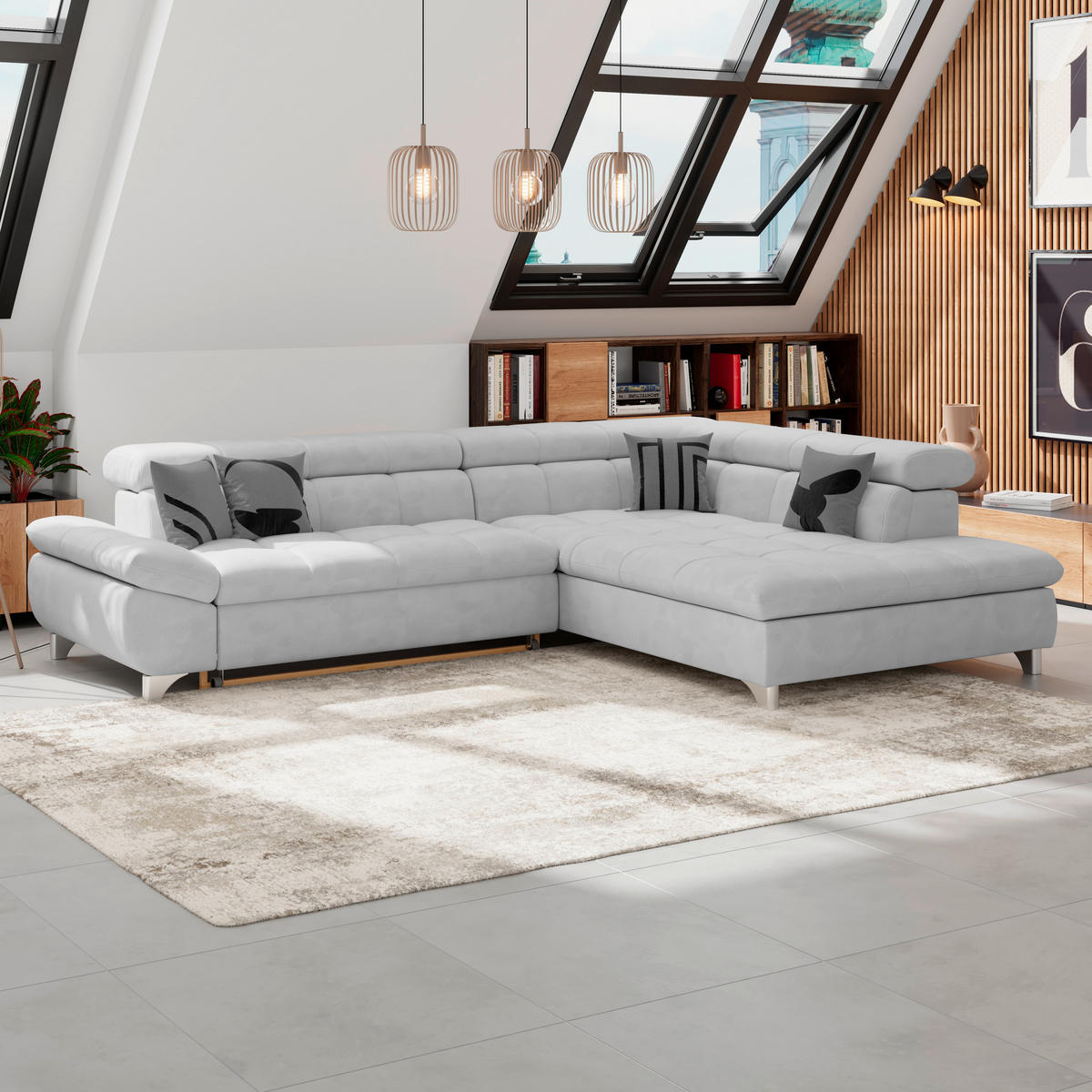 ECKSOFA Hellgrau Chenille  - Chromfarben/Hellgrau, KONVENTIONELL, Textil/Metall (312/234cm) - Livetastic