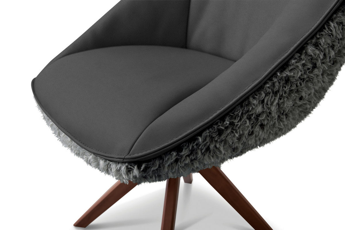 ARMLEHNSTUHL  Beinauswahl, Lederauswahl, Stoffauswahl, inklusive Armlehnen, automatische Rückholfunktion, gepolsterte Armlehnen, Sitzfläche 320° drehbar Hochflor Echtleder  - Graublau/Nussbaumfarben, Design, Leder/Holz (61/89/70cm) - Koinor