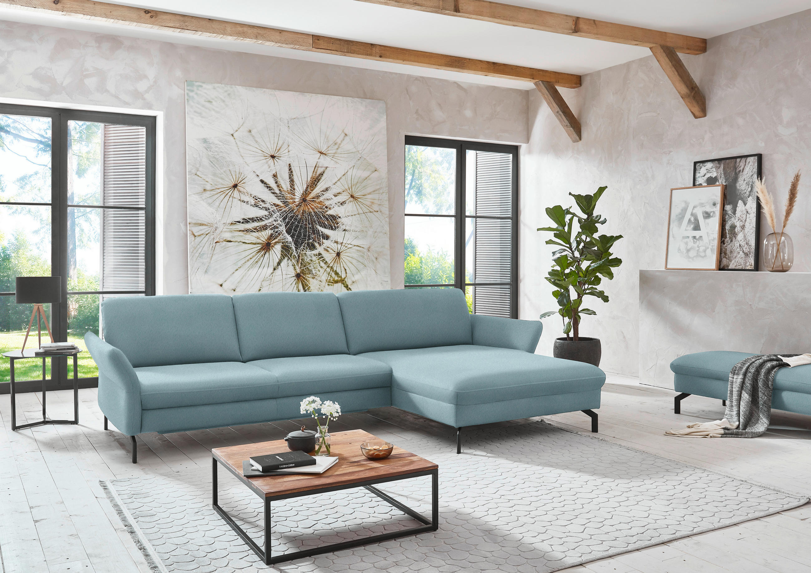 ECKSOFA in Velours Hellblau  - Schwarz/Hellblau, Design, Textil/Metall (306/179cm) - Beldomo System
