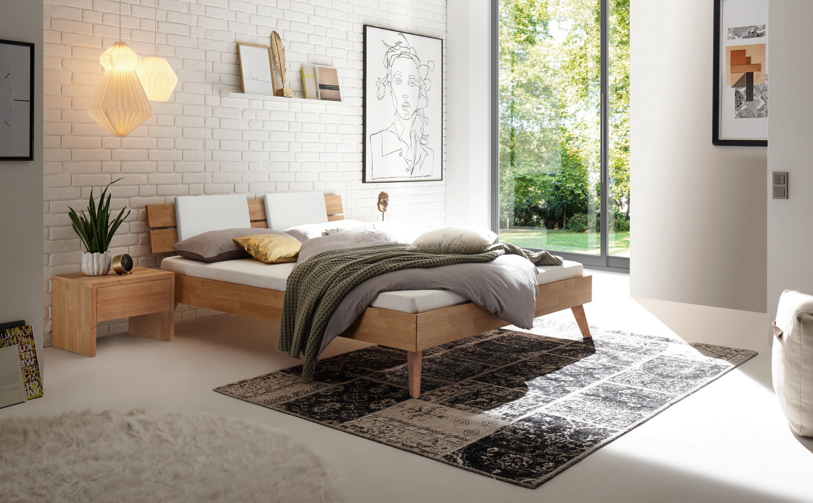 BETT Eiche massiv 90/200 cm Eiche Bianco  - Eiche Bianco/Eichefarben, Design, Holz (90/200cm) - Hasena