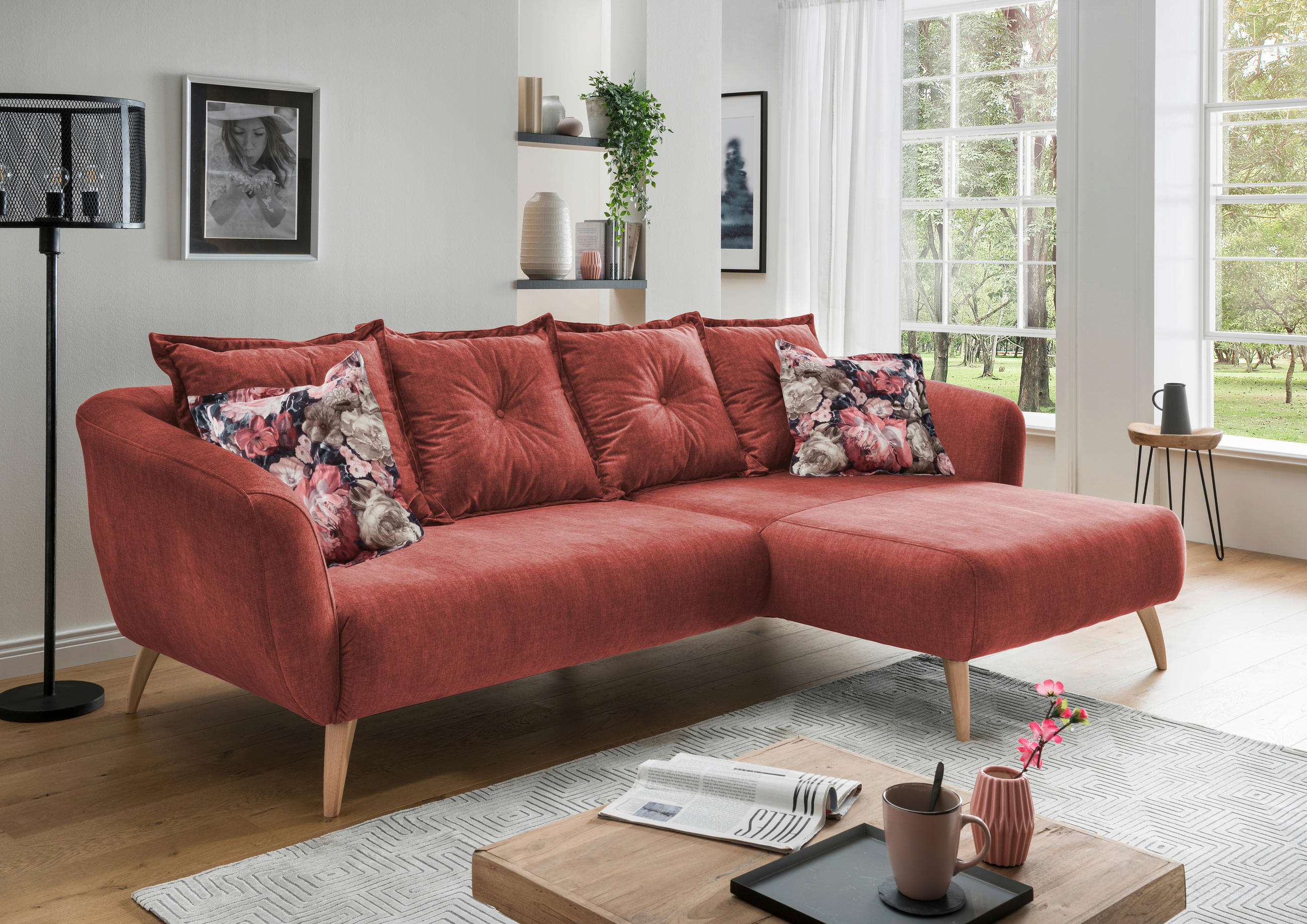 ECKSOFA in Velours Koralle, Multicolor  277/162 cm  - Koralle/Buchefarben, MODERN, Holz/Textil (277/162cm) - Livetastic