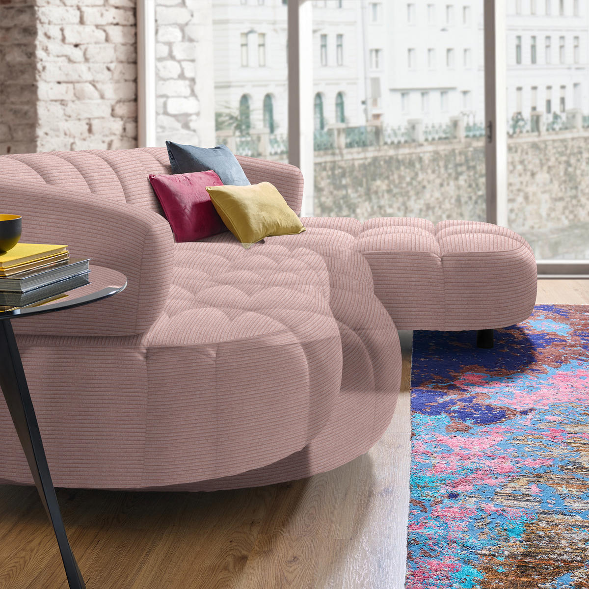 ECKSOFA in Cord, Velours Rosa  284/183 cm  - Schwarz/Rosa, Design, Holz/Textil (284/183cm) - Welnova