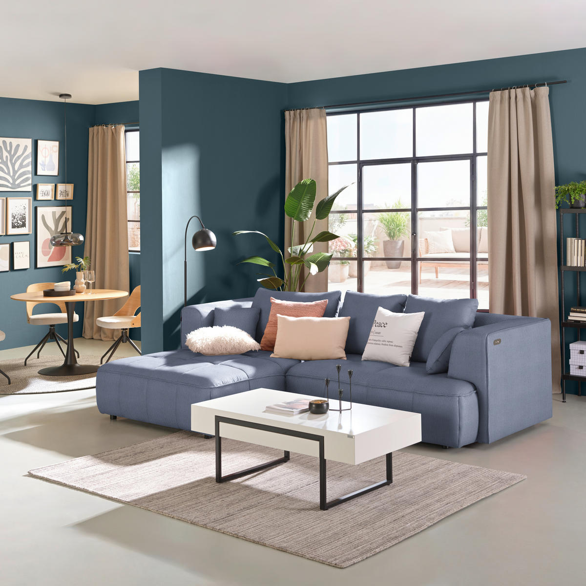 ECKSOFA Feincord Blaugrau  - Blaugrau/Schwarz, Design, Kunststoff/Textil (188/288cm) - Welnova