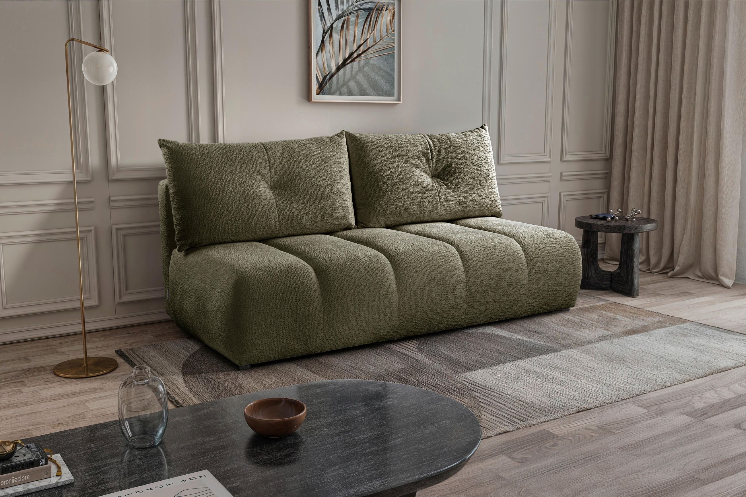 SCHLAFSOFA in Holz, Textil, Holzwerkstoff Olivgrün  - Creme/Schwarz, Design, Holz/Holzwerkstoff (209/100/103cm) - MID.YOU