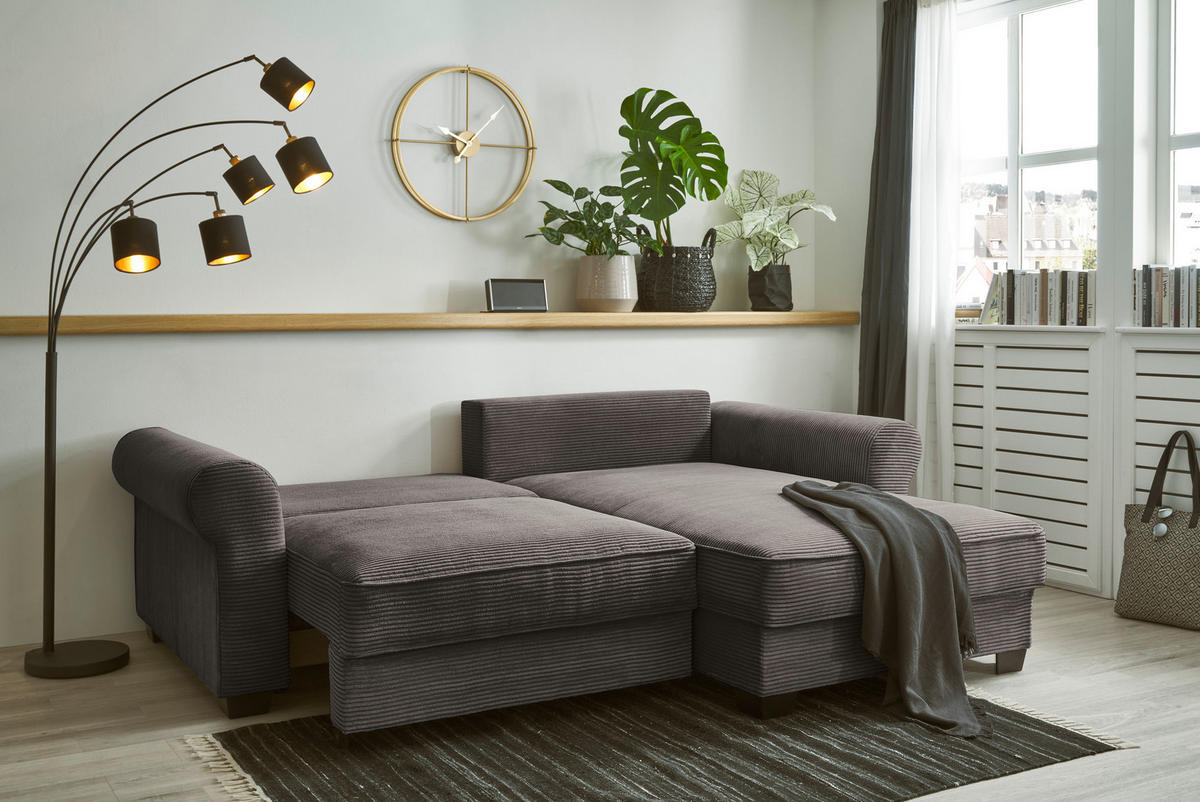 ECKSOFA in Cord Mokka  - Schwarz/Mokka, Basics, Kunststoff/Textil (255/92/185cm) - MID.YOU