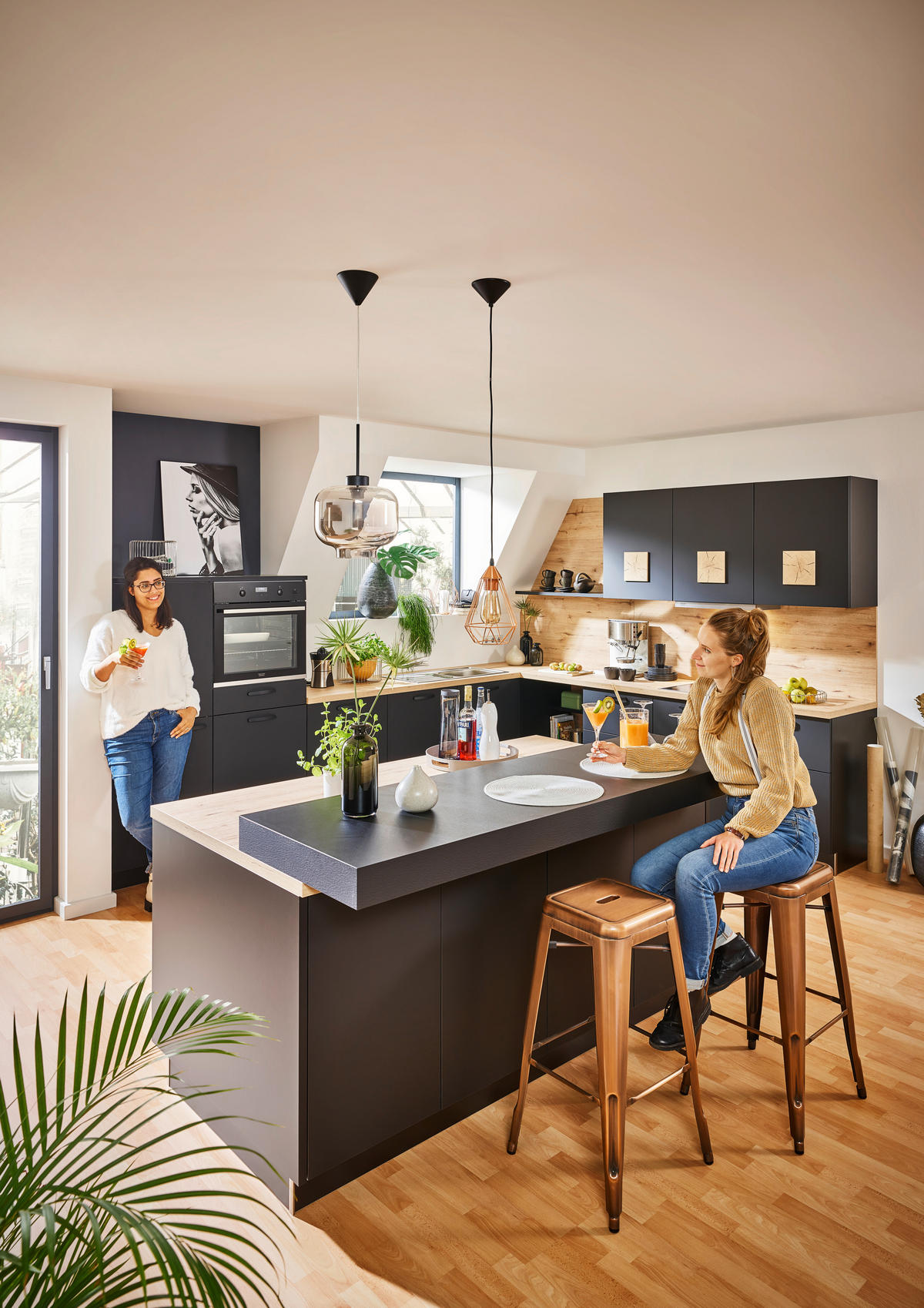 EINBAUKÜCHE DK309  - Eichefarben/Schwarz, Design, Holzwerkstoff - Dieter Knoll